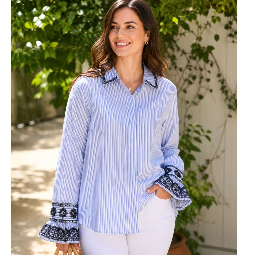 Tory Burch Paige Top NWT Size 14 Blue Stripe Embroidered Ruffle Blouse